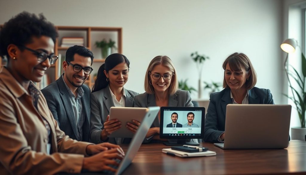 A serene and inviting digital scene depicting the concept of safety in online dating for individuals over 50. In the foreground, a diverse group of engaged professionals in modest business attire, focused on their laptops and tablets, showcasing profiles on dating platforms. They display expressions of confidence and trust. In the middle, a well-organized workspace with soft lighting emanating from a desk lamp, casting a warm glow on the devices. The background features a cozy room with bookshelves and plants, creating a comfortable yet professional atmosphere. The overall mood evokes reassurance and security, emphasizing thoughtful choices in online interactions, enhancing the sense of compatibility and connection. A serene and inviting digital scene depicting the concept of safety in online dating for individuals over 50. In the foreground, a diverse group of engaged professionals in modest business attire, focused on their laptops and tablets, showcasing profiles on dating platforms. They display expressions of confidence and trust. In the middle, a well-organized workspace with soft lighting emanating from a desk lamp, casting a warm glow on the devices. The background features a cozy room with bookshelves and plants, creating a comfortable yet professional atmosphere. The overall mood evokes reassurance and security, emphasizing thoughtful choices in online interactions, enhancing the sense of compatibility and connection.