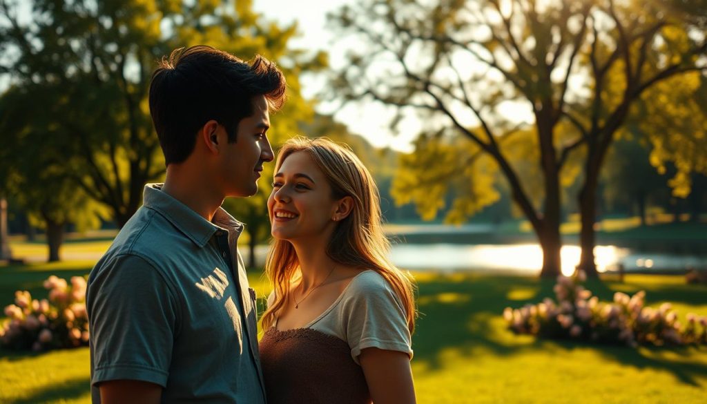 A serene moment captures the essence of "primo amore." In the foreground, a young couple stands close, gazing into each other's eyes, their expressions filled with nostalgia and warmth. They are dressed in modest casual clothing, exuding a sense of youthful innocence. In the middle ground, a sun-drenched park with lush green trees and blooming flowers adds to the atmosphere, symbolizing the beauty of love and memories. The background features a soft-focus view of a lake reflecting the golden sunlight, enhancing a feeling of tranquility. The lighting is warm and golden, reminiscent of a late afternoon, casting gentle shadows. The overall mood is dreamy and reflective, evoking feelings of longing and reminiscence. A serene moment captures the essence of "primo amore." In the foreground, a young couple stands close, gazing into each other's eyes, their expressions filled with nostalgia and warmth. They are dressed in modest casual clothing, exuding a sense of youthful innocence. In the middle ground, a sun-drenched park with lush green trees and blooming flowers adds to the atmosphere, symbolizing the beauty of love and memories. The background features a soft-focus view of a lake reflecting the golden sunlight, enhancing a feeling of tranquility. The lighting is warm and golden, reminiscent of a late afternoon, casting gentle shadows. The overall mood is dreamy and reflective, evoking feelings of longing and reminiscence.