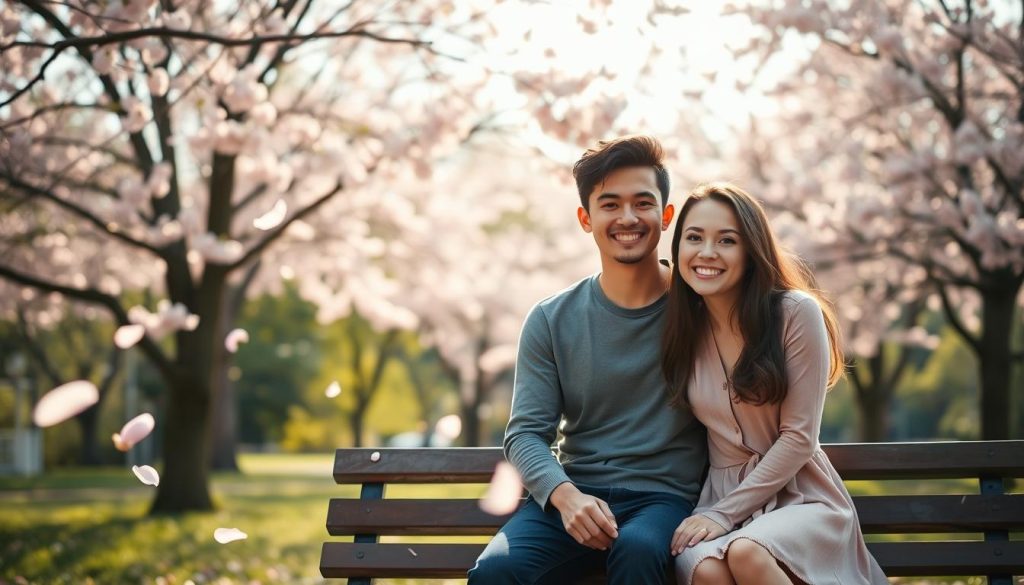 A serene outdoor scene capturing the essence of "primo amore." In the foreground, a young couple sits on a park bench, smiling and leaning close together, both dressed in modest casual clothing. Their expressions reflect joy and nostalgia, embodying youthful love. In the middle ground, vibrant cherry blossom trees are in full bloom, with petals gently floating in the air, creating a dreamy atmosphere. In the background, soft sunlight filters through the trees, illuminating the scene with a warm glow. The overall mood is romantic and wistful, evoking feelings of innocence and cherished memories. The composition should be framed with a shallow depth of field to focus on the couple while softly blurring the background for a cohesive feel. A serene outdoor scene capturing the essence of "primo amore." In the foreground, a young couple sits on a park bench, smiling and leaning close together, both dressed in modest casual clothing. Their expressions reflect joy and nostalgia, embodying youthful love. In the middle ground, vibrant cherry blossom trees are in full bloom, with petals gently floating in the air, creating a dreamy atmosphere. In the background, soft sunlight filters through the trees, illuminating the scene with a warm glow. The overall mood is romantic and wistful, evoking feelings of innocence and cherished memories. The composition should be framed with a shallow depth of field to focus on the couple while softly blurring the background for a cohesive feel.