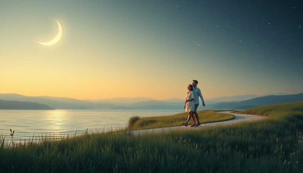 A serene, twilight landscape featuring a luminous waxing crescent moon in a clear night sky. In the foreground, a gently rippling lake reflects the moonlight, surrounded by soft, lush grass and delicate wildflowers. In the middle ground, a couple is seen walking hand-in-hand along a winding path, dressed in modest, casual clothing to evoke a sense of intimacy and connection, with warm smiles on their faces. The background showcases a silhouette of distant, softly rolling hills under a canvas of twinkling stars, creating a dreamy, romantic atmosphere. The scene is illuminated by gentle, soft lighting, casting a soothing glow that enhances the enchanting mood of a peaceful evening in nature, perfect for illustrating the concept of the "honeymoon phase." A serene, twilight landscape featuring a luminous waxing crescent moon in a clear night sky. In the foreground, a gently rippling lake reflects the moonlight, surrounded by soft, lush grass and delicate wildflowers. In the middle ground, a couple is seen walking hand-in-hand along a winding path, dressed in modest, casual clothing to evoke a sense of intimacy and connection, with warm smiles on their faces. The background showcases a silhouette of distant, softly rolling hills under a canvas of twinkling stars, creating a dreamy, romantic atmosphere. The scene is illuminated by gentle, soft lighting, casting a soothing glow that enhances the enchanting mood of a peaceful evening in nature, perfect for illustrating the concept of the "honeymoon phase."