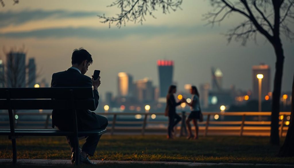 A surreal representation of "anxious attachment," featuring a solitary figure sitting on a park bench in the foreground, their body language closed off and pensive. The figure, dressed in professional attire, gazes anxiously at their phone, reflecting feelings of insecurity and longing. In the middle ground, a group of individuals are engaged in lively conversation, juxtaposing the lone figure’s isolation. The background showcases a soft, blurred cityscape at dusk, with warm, glowing lights that convey a mix of hope and melancholy. The lighting is soft and diffused, casting gentle shadows that enhance the mood of introspection and emotional tension. The overall atmosphere is one of quiet contemplation and introspective loneliness, highlighting the theme of anxious attachment. A surreal representation of "anxious attachment," featuring a solitary figure sitting on a park bench in the foreground, their body language closed off and pensive. The figure, dressed in professional attire, gazes anxiously at their phone, reflecting feelings of insecurity and longing. In the middle ground, a group of individuals are engaged in lively conversation, juxtaposing the lone figure’s isolation. The background showcases a soft, blurred cityscape at dusk, with warm, glowing lights that convey a mix of hope and melancholy. The lighting is soft and diffused, casting gentle shadows that enhance the mood of introspection and emotional tension. The overall atmosphere is one of quiet contemplation and introspective loneliness, highlighting the theme of anxious attachment.