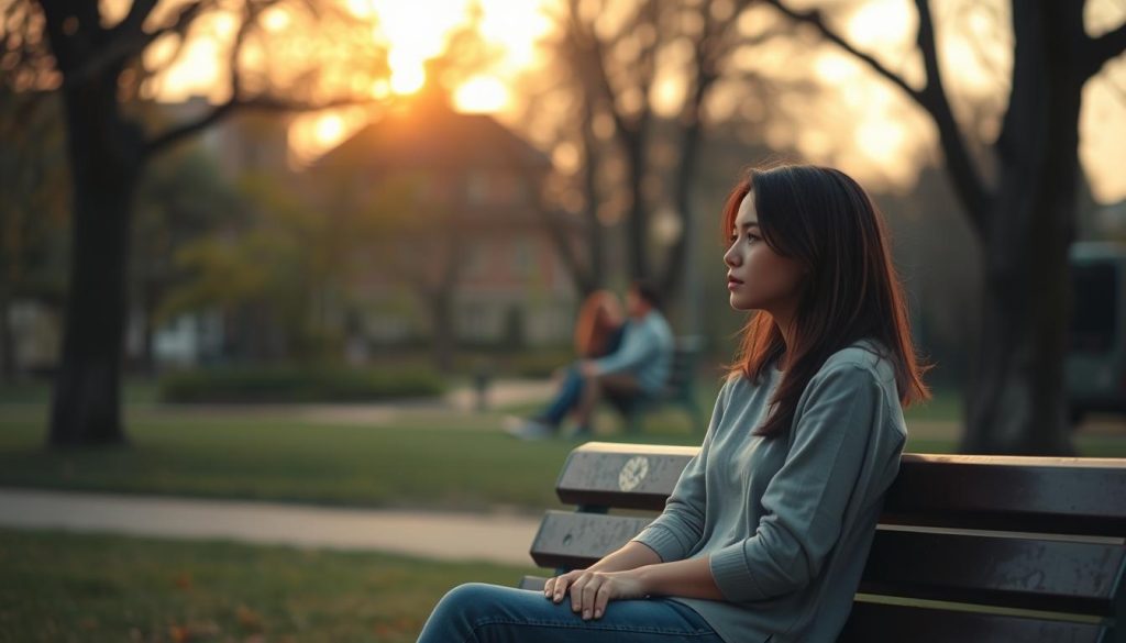 A tender and poignant scene illustrating the concept of unrequited love, focusing on a young woman sitting alone on a park bench, gazing wistfully at a couple in the background sharing a joyful moment. The foreground features her in modest, casual clothing, with a subtle expression of longing and introspection. The middle ground showcases the couple, radiating warmth and happiness. The background contains softly blurred trees and a golden sunset, casting a gentle light that enhances the melancholic yet hopeful atmosphere. Use a shallow depth of field to emphasize the woman's emotions, capturing the essence of 'innamoramento sensazioni' through soft, diffused lighting. The overall mood should evoke a mixture of sadness and reflection, illustrating the complexities of love and expectations in modern relationships. A tender and poignant scene illustrating the concept of unrequited love, focusing on a young woman sitting alone on a park bench, gazing wistfully at a couple in the background sharing a joyful moment. The foreground features her in modest, casual clothing, with a subtle expression of longing and introspection. The middle ground showcases the couple, radiating warmth and happiness. The background contains softly blurred trees and a golden sunset, casting a gentle light that enhances the melancholic yet hopeful atmosphere. Use a shallow depth of field to emphasize the woman's emotions, capturing the essence of 'innamoramento sensazioni' through soft, diffused lighting. The overall mood should evoke a mixture of sadness and reflection, illustrating the complexities of love and expectations in modern relationships.