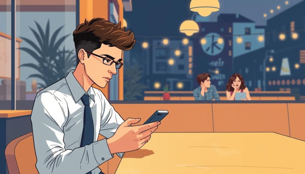 A thoughtful and modern illustration capturing the essence of "simping." In the foreground, a young man in business casual attire sits at a cafe table, gazing at his phone with a contemplative expression, symbolizing the emotional investment often associated with simping. In the middle ground, a pair of friends engaged in a lively conversation nearby, contrasting with the man's solitary demeanor, suggesting social dynamics. The background features a cozy urban setting with soft lighting illuminating the scene, enhancing the reflective mood. Opt for a shallow depth of field to emphasize the man, with warm, inviting colors to create a relaxed atmosphere. The overall vibe should reflect curiosity and contemplation, showcasing the complexities of relationships. A thoughtful and modern illustration capturing the essence of "simping." In the foreground, a young man in business casual attire sits at a cafe table, gazing at his phone with a contemplative expression, symbolizing the emotional investment often associated with simping. In the middle ground, a pair of friends engaged in a lively conversation nearby, contrasting with the man's solitary demeanor, suggesting social dynamics. The background features a cozy urban setting with soft lighting illuminating the scene, enhancing the reflective mood. Opt for a shallow depth of field to emphasize the man, with warm, inviting colors to create a relaxed atmosphere. The overall vibe should reflect curiosity and contemplation, showcasing the complexities of relationships.