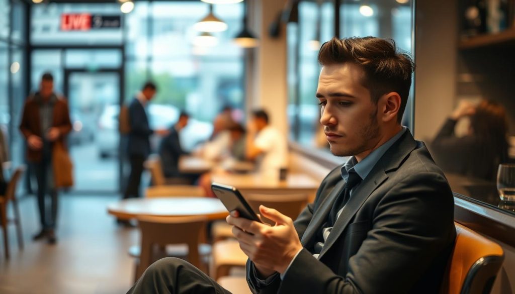 A thoughtful young man in professional attire sits in a modern café, removed from the bustling crowd, with a contemplative expression as he gazes at his smartphone. His body language reflects a mix of hopefulness and uncertainty, conveying the concept of "simping." The foreground features him engaged in a moment of introspection, while the middle ground reveals a slightly blurred coffee shop atmosphere with warm lighting that creates an inviting mood. In the background, patrons engage in casual conversations, emphasizing the contrast between the man’s solitary focus and the lively environment. The lighting casts soft shadows, adding depth and a contemplative ambiance to the scene, captured with a shallow depth of field to enhance the emotional weight of the subject. A thoughtful young man in professional attire sits in a modern café, removed from the bustling crowd, with a contemplative expression as he gazes at his smartphone. His body language reflects a mix of hopefulness and uncertainty, conveying the concept of "simping." The foreground features him engaged in a moment of introspection, while the middle ground reveals a slightly blurred coffee shop atmosphere with warm lighting that creates an inviting mood. In the background, patrons engage in casual conversations, emphasizing the contrast between the man’s solitary focus and the lively environment. The lighting casts soft shadows, adding depth and a contemplative ambiance to the scene, captured with a shallow depth of field to enhance the emotional weight of the subject.