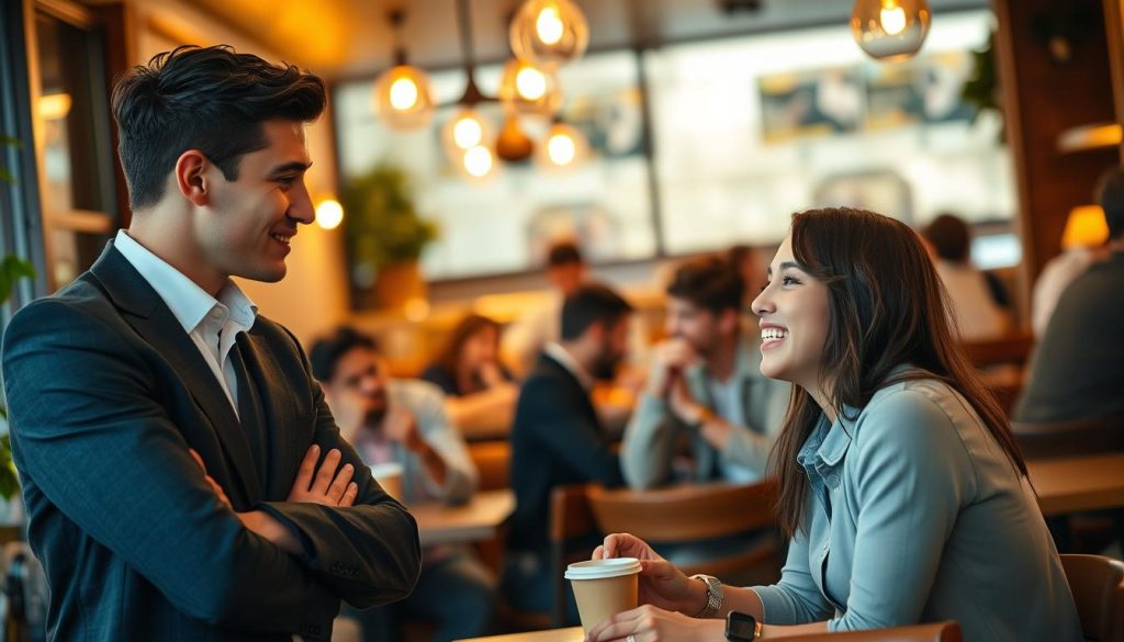 A thoughtful young man in professional attire stands confidently in a lively café, engaging in deep conversation with a young woman seated across from him. The foreground features their animated expressions, capturing a moment of connection as they share a laugh. In the middle ground, other patrons observe the interaction, some focused on their own discussions, creating a sense of social environment. The background showcases warm, inviting café decor with soft lighting, giving the scene a cozy yet vibrant atmosphere. The lens is slightly zoomed in to emphasize the emotions on their faces, with a shallow depth of field creating a soft bokeh effect around the surroundings. The overall mood is warm, conducive to genuine connection, reflecting the theme of mutual interest. A thoughtful young man in professional attire stands confidently in a lively café, engaging in deep conversation with a young woman seated across from him. The foreground features their animated expressions, capturing a moment of connection as they share a laugh. In the middle ground, other patrons observe the interaction, some focused on their own discussions, creating a sense of social environment. The background showcases warm, inviting café decor with soft lighting, giving the scene a cozy yet vibrant atmosphere. The lens is slightly zoomed in to emphasize the emotions on their faces, with a shallow depth of field creating a soft bokeh effect around the surroundings. The overall mood is warm, conducive to genuine connection, reflecting the theme of mutual interest.