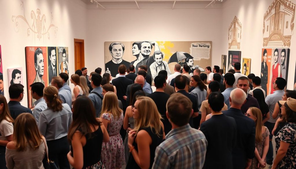 A vibrant art exhibition set in a contemporary gallery space in Sicily. In the foreground, diverse attendees admire striking artworks inspired by Banksy, showcasing thought-provoking street art. They are dressed in smart casual attire, expressing curiosity and engagement. The middle ground features large canvases and bold murals adorned with political and social themes reminiscent of Banksy’s style. Delicate lighting illuminates the artworks, casting soft shadows. In the background, the gallery walls are decorated with abstract designs and decorative elements typical of Sicilian architecture. The atmosphere is lively yet contemplative, inviting viewers to ponder the deeper messages behind the pieces. The composition captures both the excitement of the exhibition and the rich cultural context of Sicily.