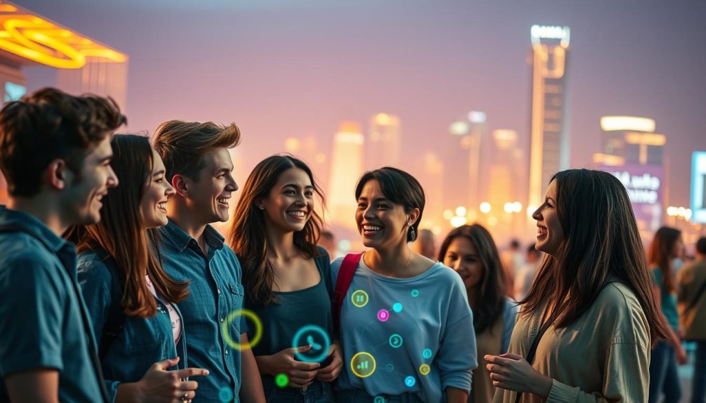 A vibrant, digitally inspired scene representing the essence of "digital creativity." In the foreground, a diverse group of young adults engaged in animated conversation, each showcasing a range of emotions through their expressions, wearing stylish casual clothing. The middle layer features a blend of colorful digital elements, such as swirling patterns and glowing icons that symbolize communication and connection. In the background, a futuristic cityscape glows softly, bathed in warm, ambient lighting that suggests a lively evening atmosphere. The overall mood is playful and engaging, evoking a sense of innovation and modern interaction. Use a wide-angle lens to capture the energy and depth of the scene, with a soft focus on the background to emphasize the foreground’s lively connection. A vibrant, digitally inspired scene representing the essence of "digital creativity." In the foreground, a diverse group of young adults engaged in animated conversation, each showcasing a range of emotions through their expressions, wearing stylish casual clothing. The middle layer features a blend of colorful digital elements, such as swirling patterns and glowing icons that symbolize communication and connection. In the background, a futuristic cityscape glows softly, bathed in warm, ambient lighting that suggests a lively evening atmosphere. The overall mood is playful and engaging, evoking a sense of innovation and modern interaction. Use a wide-angle lens to capture the energy and depth of the scene, with a soft focus on the background to emphasize the foreground’s lively connection.