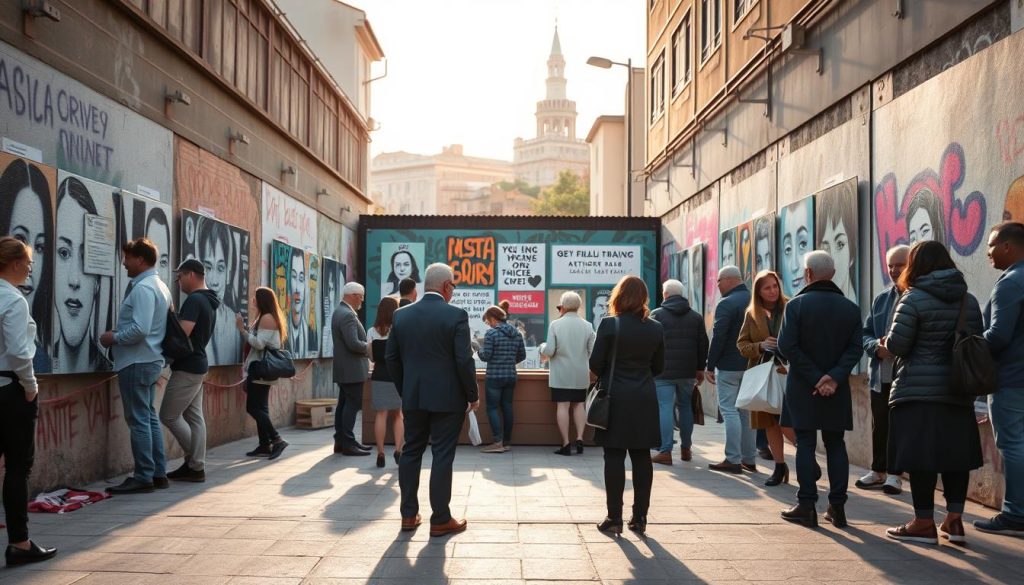 A vibrant street art scene showcasing a "mostra" featuring Banksy-inspired graffiti. In the foreground, diverse visitors of various ages and backgrounds engage with thought-provoking artworks displayed on gritty urban walls. They wear professional business attire and modest casual clothing, capturing a sense of cultural appreciation. In the middle ground, an interactive installation invites participation, with bold, colorful pieces reflecting Banksy’s signature style—playful yet poignant imagery addressing social issues. The background features a lively urban landscape, perhaps a famous Italian landmark subtly integrated among the murals. The atmosphere is dynamic, infused with both excitement and contemplation, illuminated by warm, soft afternoon light that creates inviting shadows and highlights the textures of the artwork. The composition should have a slight tilt from a low angle, emphasizing the larger-than-life aspects of the art.
