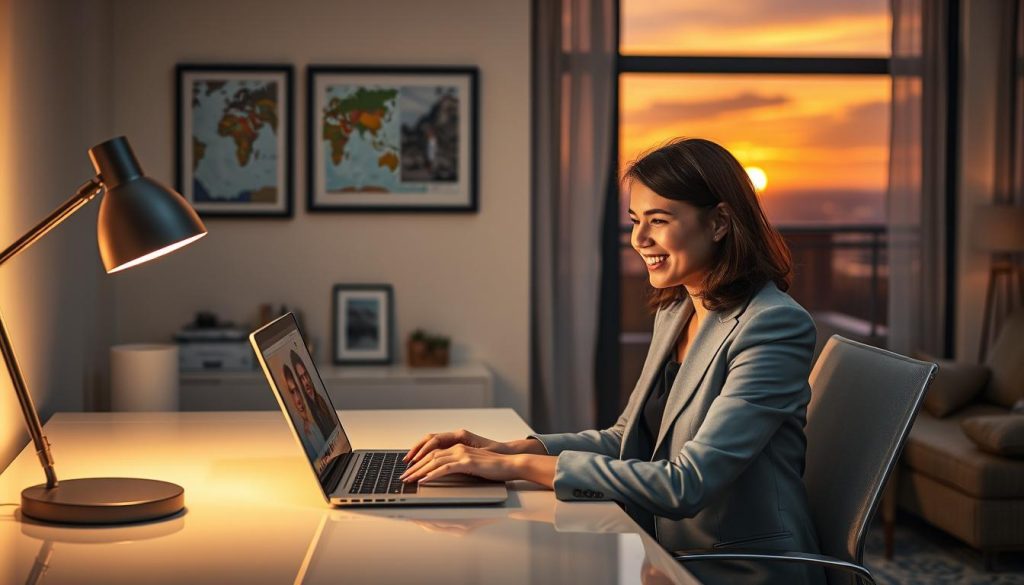 A visual representation of a modern long-distance relationship, showcasing a couple separated by distance. In the foreground, a woman in professional business attire sits at a sleek desk, illuminated by soft, warm lighting from a desk lamp, her laptop open with a video call on screen, expressing joy and connection. In the middle, framed photographs of travel memories and maps hinting at distance symbolize their relationship journey. The background features a cozy living room with a large window showing a sunset sky, casting a golden glow, enhancing a feeling of longing and hope. The atmosphere is emotive yet uplifting, demonstrating the challenges and opportunities of maintaining intimacy over distance. A visual representation of a modern long-distance relationship, showcasing a couple separated by distance. In the foreground, a woman in professional business attire sits at a sleek desk, illuminated by soft, warm lighting from a desk lamp, her laptop open with a video call on screen, expressing joy and connection. In the middle, framed photographs of travel memories and maps hinting at distance symbolize their relationship journey. The background features a cozy living room with a large window showing a sunset sky, casting a golden glow, enhancing a feeling of longing and hope. The atmosphere is emotive yet uplifting, demonstrating the challenges and opportunities of maintaining intimacy over distance.