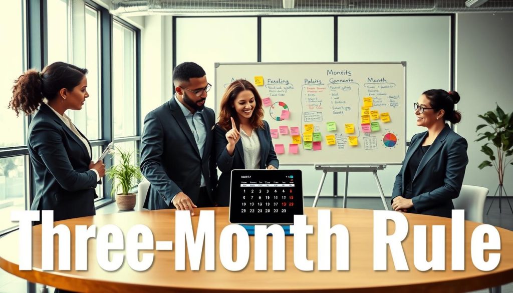 A visual representation of the "Three-Month Rule," featuring a modern office setting. In the foreground, a diverse group of three professionals, dressed in smart business attire, is engaged in a focused discussion around a large, circular table. One individual points to a digital tablet displaying a calendar marked with three months. In the middle ground, a whiteboard filled with colorful charts and sticky notes highlights key milestones and goals associated with the rule. The background showcases a bright office environment, with large windows allowing natural light to fill the space, creating an atmosphere of productivity and collaboration. The overall mood is energetic and inspiring, perfect for illustrating the concept of setting goals over a three-month period. A visual representation of the "Three-Month Rule," featuring a modern office setting. In the foreground, a diverse group of three professionals, dressed in smart business attire, is engaged in a focused discussion around a large, circular table. One individual points to a digital tablet displaying a calendar marked with three months. In the middle ground, a whiteboard filled with colorful charts and sticky notes highlights key milestones and goals associated with the rule. The background showcases a bright office environment, with large windows allowing natural light to fill the space, creating an atmosphere of productivity and collaboration. The overall mood is energetic and inspiring, perfect for illustrating the concept of setting goals over a three-month period.