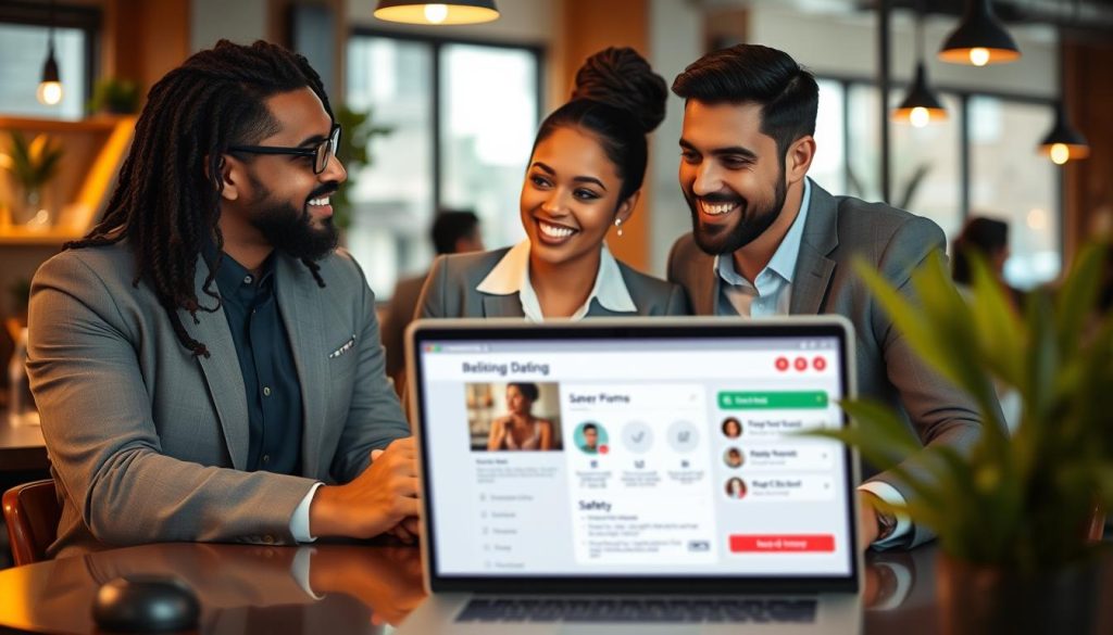 A visually engaging scene that represents reliable online dating platforms, featuring a diverse group of three individuals engaged in a discussion over a laptop in a cozy, well-lit coffee shop. The foreground shows close-up details of the laptop screen displaying a user-friendly dating website interface with profile pictures and safety status indicators. In the middle, the three individuals—two men and a woman—are dressed in professional business attire, smiling and actively exchanging ideas, conveying a sense of trust and camaraderie. The background includes warm, inviting decor with soft lighting, potted plants, and blurred silhouettes of other patrons, creating a sense of community. The overall atmosphere is positive, emphasizing safety and reliability in online interactions.