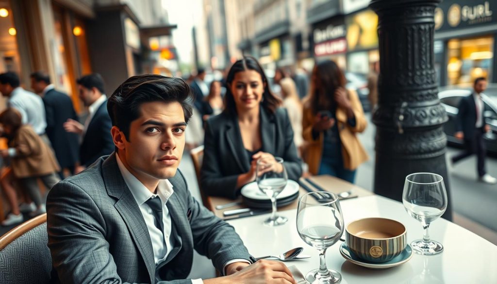 A visually striking scene capturing the pressure of dating in a contemporary urban setting. In the foreground, a confident young professional in smart business attire sits at an elegantly set café table, their expression a mix of anticipation and anxiety. In the middle, two friends engage in animated conversation, providing a sense of camaraderie and support. In the background, the hustle of a bustling city street adds dynamic energy, with blurred figures of diverse individuals going about their day. Soft, natural lighting casts a warm glow, enhancing the relatability of the setting. The mood conveys tension balanced with hope, encapsulating the essence of navigating relationships under societal pressures. The angle is a slight bird’s-eye view, emphasizing both the personal introspection of the foreground subject and the vibrant life surrounding them.