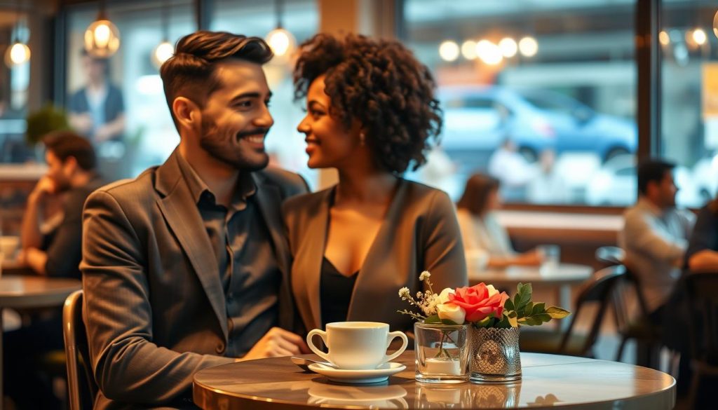 A warm and inviting scene capturing a couple in a cozy café, reflecting the significance of the first three months in a relationship. In the foreground, a diverse couple, a man and a woman of different ethnicities, are engaged in a heartfelt conversation, both dressed in smart casual clothing. Their expressions show joy and connection, illustrating emotional intimacy. In the middle ground, a beautifully adorned table with two steaming cups of coffee and a small bouquet of flowers adds a romantic touch. The background includes soft, blurred images of other coffee shop patrons, with warm lighting creating a welcoming atmosphere. The overall mood is romantic and reflective, emphasizing the deepening of bonds during the early stages of love. A warm and inviting scene capturing a couple in a cozy café, reflecting the significance of the first three months in a relationship. In the foreground, a diverse couple, a man and a woman of different ethnicities, are engaged in a heartfelt conversation, both dressed in smart casual clothing. Their expressions show joy and connection, illustrating emotional intimacy. In the middle ground, a beautifully adorned table with two steaming cups of coffee and a small bouquet of flowers adds a romantic touch. The background includes soft, blurred images of other coffee shop patrons, with warm lighting creating a welcoming atmosphere. The overall mood is romantic and reflective, emphasizing the deepening of bonds during the early stages of love.