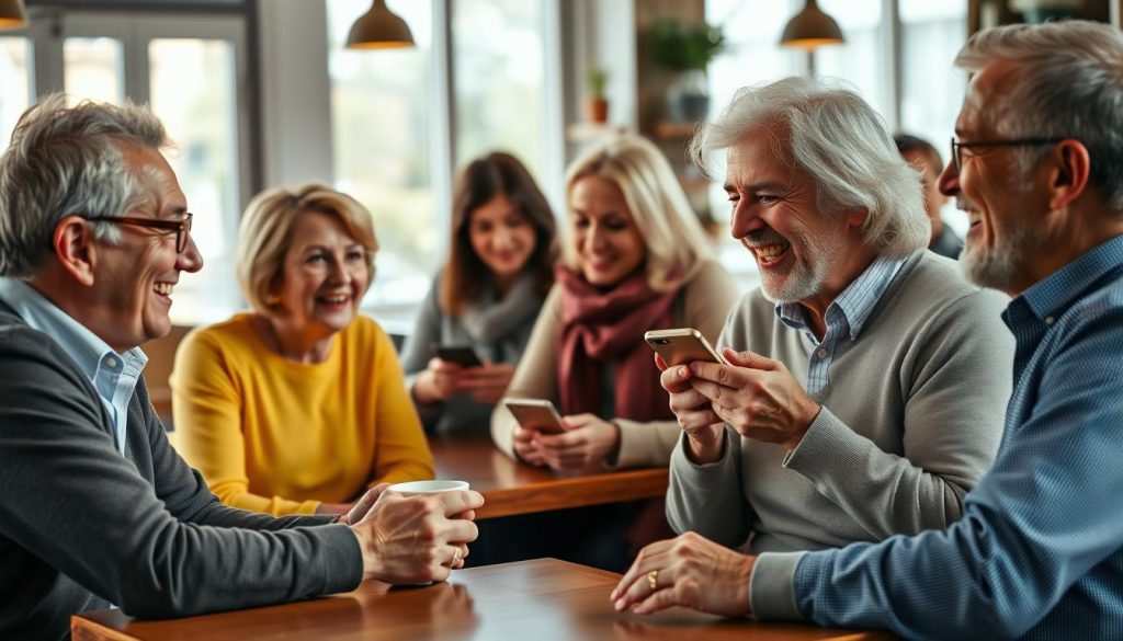 A warm and inviting scene featuring a diverse group of mature adults, aged 50 and over, engaging in a lively conversation at a cozy café. In the foreground, a man and a woman, both dressed in smart casual attire, are laughing and sharing stories while sitting at a wooden table. In the middle ground, two other couples are enjoying coffee and looking at their smartphones, suggesting the use of dating apps. The background showcases bright, natural light filtering through large windows, with cafe decor adding a homely atmosphere. The composition captures a feeling of connection, positivity, and social engagement, emphasizing the theme of mature individuals enjoying modern dating. Use a soft focus for a dreamy effect, with a slight warm hue to evoke a comforting ambiance. A warm and inviting scene featuring a diverse group of mature adults, aged 50 and over, engaging in a lively conversation at a cozy café. In the foreground, a man and a woman, both dressed in smart casual attire, are laughing and sharing stories while sitting at a wooden table. In the middle ground, two other couples are enjoying coffee and looking at their smartphones, suggesting the use of dating apps. The background showcases bright, natural light filtering through large windows, with cafe decor adding a homely atmosphere. The composition captures a feeling of connection, positivity, and social engagement, emphasizing the theme of mature individuals enjoying modern dating. Use a soft focus for a dreamy effect, with a slight warm hue to evoke a comforting ambiance.