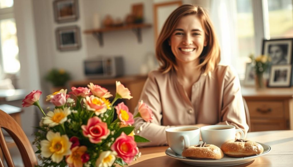 A warm and inviting scene featuring a smiling woman sitting at a cozy dining table, surrounded by soft, natural lighting that highlights her joyful expression. She has shoulder-length hair and is wearing a simple yet elegant blouse that reflects a sense of warmth and sincerity. In the foreground, there is a beautiful bouquet of fresh flowers, symbolizing love and affection. The middle ground includes a softly blurred view of a well-set table with two cups of coffee and a plate of delicious pastries, evoking intimacy and connection. The background shows a softly lit, comfortable home environment, filled with subtle details like framed photographs and warm wooden tones. The mood is cheerful and uplifting, conveying a sense of trust and companionship. A warm and inviting scene featuring a smiling woman sitting at a cozy dining table, surrounded by soft, natural lighting that highlights her joyful expression. She has shoulder-length hair and is wearing a simple yet elegant blouse that reflects a sense of warmth and sincerity. In the foreground, there is a beautiful bouquet of fresh flowers, symbolizing love and affection. The middle ground includes a softly blurred view of a well-set table with two cups of coffee and a plate of delicious pastries, evoking intimacy and connection. The background shows a softly lit, comfortable home environment, filled with subtle details like framed photographs and warm wooden tones. The mood is cheerful and uplifting, conveying a sense of trust and companionship.