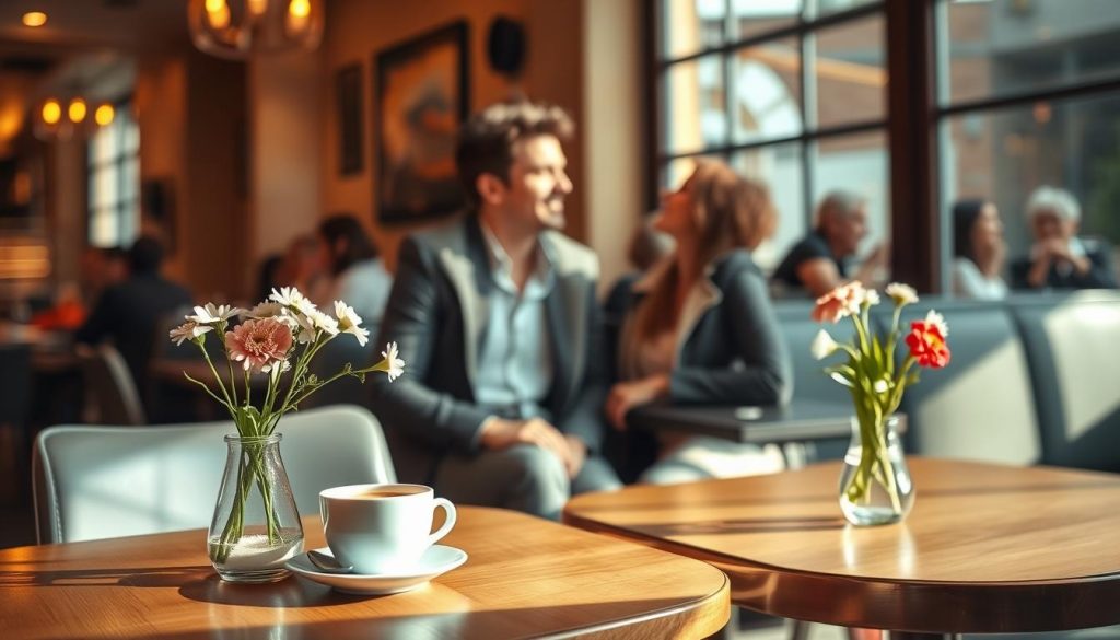 A warm, inviting café setting with two tables displaying charming details. In the foreground, a beautifully arranged table with a steaming cup of coffee and a delicate vase holding fresh flowers. A subtle aura of romance is present, depicted with soft, warm lighting creating a cozy atmosphere. In the middle, a casually dressed couple, smiling and engaged in conversation, leaning slightly toward each other to signify connection. Their attire is modest, enhancing a professional yet relaxed vibe. In the background, gently blurred patrons enjoying their own moments, with sunlight streaming through large windows, casting playful shadows. Overall, the scene evokes a lighthearted and flirty mood, perfect for igniting a fun and romantic conversation. A warm, inviting café setting with two tables displaying charming details. In the foreground, a beautifully arranged table with a steaming cup of coffee and a delicate vase holding fresh flowers. A subtle aura of romance is present, depicted with soft, warm lighting creating a cozy atmosphere. In the middle, a casually dressed couple, smiling and engaged in conversation, leaning slightly toward each other to signify connection. Their attire is modest, enhancing a professional yet relaxed vibe. In the background, gently blurred patrons enjoying their own moments, with sunlight streaming through large windows, casting playful shadows. Overall, the scene evokes a lighthearted and flirty mood, perfect for igniting a fun and romantic conversation.