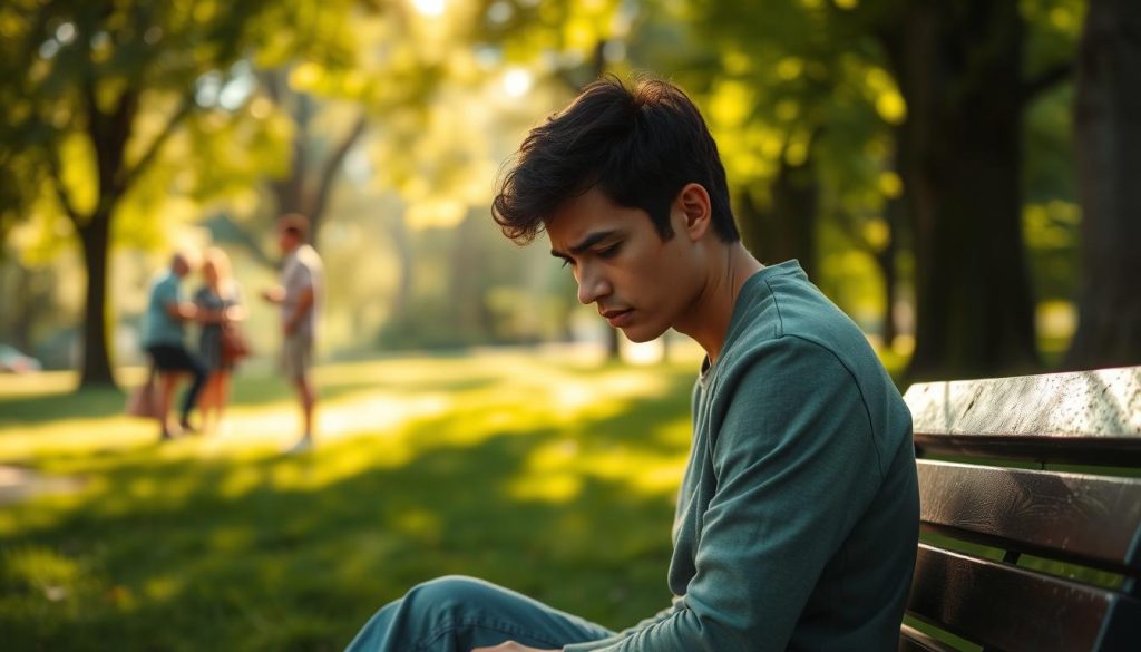 A worried individual seated on a bench in a serene park, surrounded by lush greenery and soft sunlight filtering through the trees, symbolizing anxious attachment. In the foreground, the person is looking thoughtfully at the ground, wearing modest casual clothing suitable for a day out, with a slight frown suggesting concern. In the middle ground, soft-focused people chat and enjoy the day, depicting the complexity of relationships. The background features a gentle blur of trees and sunlight, evoking a warm but contemplative atmosphere. The scene captures an essence of introspection and longing, with natural soft lighting emphasizing the mood of reflection and connection in relationships. The image should convey a sense of vulnerability and the desire for understanding. A worried individual seated on a bench in a serene park, surrounded by lush greenery and soft sunlight filtering through the trees, symbolizing anxious attachment. In the foreground, the person is looking thoughtfully at the ground, wearing modest casual clothing suitable for a day out, with a slight frown suggesting concern. In the middle ground, soft-focused people chat and enjoy the day, depicting the complexity of relationships. The background features a gentle blur of trees and sunlight, evoking a warm but contemplative atmosphere. The scene captures an essence of introspection and longing, with natural soft lighting emphasizing the mood of reflection and connection in relationships. The image should convey a sense of vulnerability and the desire for understanding.