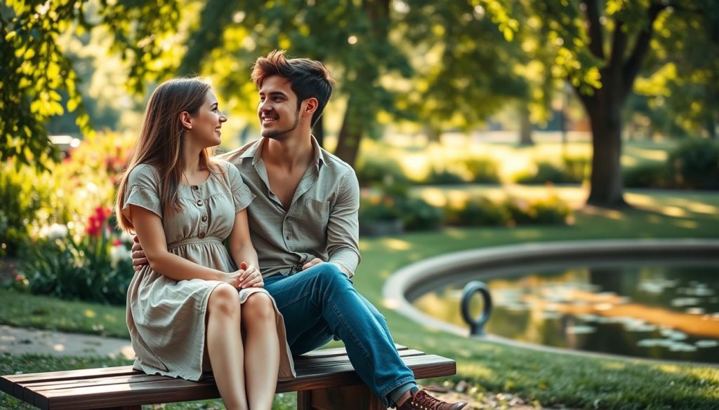 A young couple shares a tender moment in a serene park, symbolizing "primo amore." In the foreground, they are seated on a wooden bench, with the girl in a modest, summer dress and the boy in a casual shirt and jeans, both smiling dreamily at each other. The middle layer features lush greenery, colorful flowers, and dappled sunlight filtering through the leaves, creating a warm, enchanting atmosphere. In the background, a gentle pond reflects the soft light of a late afternoon sun, enhancing the romantic vibe. The composition captures the essence of youthful love and nostalgia, evoking feelings of innocence and joy. Use soft focus for a dreamy effect, with warm lighting to convey an intimate mood. A young couple shares a tender moment in a serene park, symbolizing "primo amore." In the foreground, they are seated on a wooden bench, with the girl in a modest, summer dress and the boy in a casual shirt and jeans, both smiling dreamily at each other. The middle layer features lush greenery, colorful flowers, and dappled sunlight filtering through the leaves, creating a warm, enchanting atmosphere. In the background, a gentle pond reflects the soft light of a late afternoon sun, enhancing the romantic vibe. The composition captures the essence of youthful love and nostalgia, evoking feelings of innocence and joy. Use soft focus for a dreamy effect, with warm lighting to convey an intimate mood.