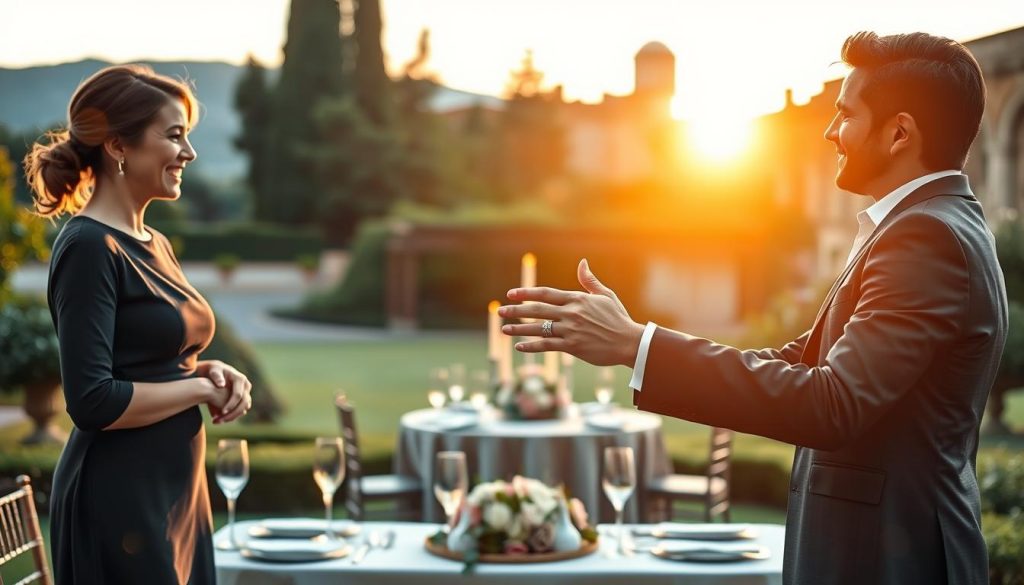 An elegant scene depicting an official engagement in a picturesque garden setting in Italy. In the foreground, a joyful couple in professional attire stands facing each other, holding hands and exchanging gleaming engagement rings. The woman wears a tasteful, modest dress, and the man is in a well-fitted suit. In the middle ground, a beautifully decorated table with fine china and sparkling wine glasses celebrates the occasion, adorned with fresh flowers. In the background, lush greenery and subtle hints of classic Italian architecture create an enchanting atmosphere. The golden hour sunlight casts a warm glow over the scene, enhancing the emotions of love and commitment in the air, while soft bokeh effects provide an intimate focus on the couple. An elegant scene depicting an official engagement in a picturesque garden setting in Italy. In the foreground, a joyful couple in professional attire stands facing each other, holding hands and exchanging gleaming engagement rings. The woman wears a tasteful, modest dress, and the man is in a well-fitted suit. In the middle ground, a beautifully decorated table with fine china and sparkling wine glasses celebrates the occasion, adorned with fresh flowers. In the background, lush greenery and subtle hints of classic Italian architecture create an enchanting atmosphere. The golden hour sunlight casts a warm glow over the scene, enhancing the emotions of love and commitment in the air, while soft bokeh effects provide an intimate focus on the couple.