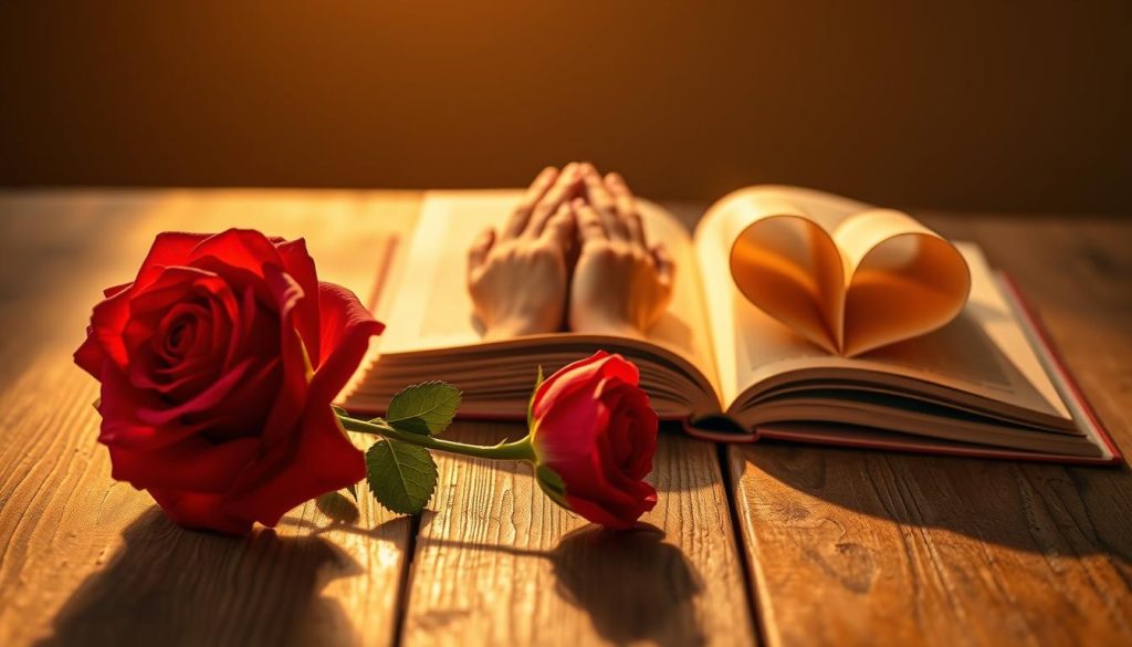 Three symbolic representations of love: a radiant red rose symbolizing romantic love in the foreground, a supportive pair of hands symbolizing friendship in the middle, and an open book with heart-shaped pages depicting self-love in the background. The scene is softly illuminated by warm, golden lighting that enhances the emotional depth, casting gentle shadows that create a serene atmosphere. The angle is slightly elevated, giving a broad view of the three elements harmoniously arranged on a weathered wooden table. The mood is contemplative and uplifting, inviting viewers to reflect on the essential loves in their lives. Emphasize a clean, wholesome aesthetic without any text or distractions. Three symbolic representations of love: a radiant red rose symbolizing romantic love in the foreground, a supportive pair of hands symbolizing friendship in the middle, and an open book with heart-shaped pages depicting self-love in the background. The scene is softly illuminated by warm, golden lighting that enhances the emotional depth, casting gentle shadows that create a serene atmosphere. The angle is slightly elevated, giving a broad view of the three elements harmoniously arranged on a weathered wooden table. The mood is contemplative and uplifting, inviting viewers to reflect on the essential loves in their lives. Emphasize a clean, wholesome aesthetic without any text or distractions.