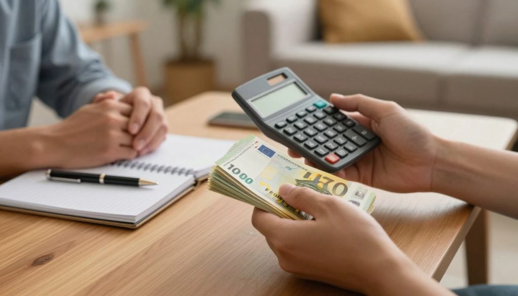 A close-up image of a pair of hands, one holding a calculator and the other counting a stack of euro banknotes, illustrating a discussion about money in a relationship. In the foreground, the hands should be well-groomed and depicted in a neutral skin tone, conveying a sense of teamwork and unity. The middle ground features a neatly arranged wooden table with a notepad and a pen, symbolizing careful budget planning. In the background, a soft-focus of a cozy living room with warm lighting, suggesting intimacy and comfort. The atmosphere should be calm and reflective, emphasizing the importance of financial discussions in a couple's relationship. The image should evoke trust and collaboration without any text or distractions.