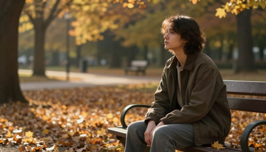 A contemplative individual sitting alone on a park bench, gazing thoughtfully into the distance, with a backdrop of a softly blurred autumn landscape. The person, dressed in modest casual clothing, has a pensive expression that reflects the emotional turmoil and introspection often felt after a relationship ends. Surrounding them are falling leaves that symbolize change and transition, casting gentle shadows on the ground. The light is warm and golden, suggesting late afternoon, which adds a sense of nostalgia and resolution to the scene. In the background, faint silhouettes of trees and a tranquil path evoke a feeling of solitude yet hint at the possibility of moving forward. The overall mood should convey a blend of sadness and hope, capturing the complexity of human emotions during this significant life transition.