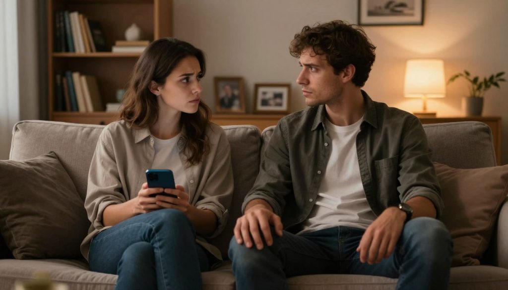 A couple sitting together on a cozy couch in a softly lit living room. The woman, dressed in smart casual attire, holds her smartphone in a slightly tense manner, glancing towards the man, who wears a relaxed but concerned expression. The man's hand rests on the arm of the couch, fingers slightly touching the device as if he's contemplating whether to intervene. Warm, ambient lighting from a nearby lamp casts a gentle glow, creating a contemplative atmosphere. In the background, bookshelves filled with books and a few framed photographs add depth, reflecting a shared life. The overall mood is one of intimacy mixed with tension, capturing the delicate nature of trust in relationships.