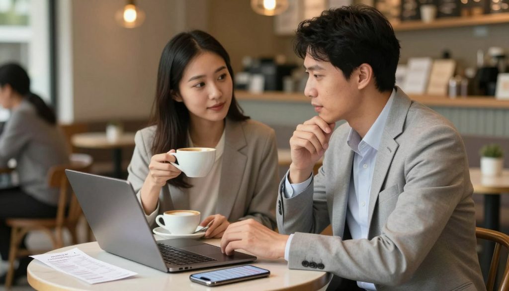 A cozy café scene featuring a couple sitting at a small table, enjoying coffee together while calculating their shared expenses on a laptop. The foreground shows the couple, a man and a woman, both in professional business attire, engaged in a thoughtful conversation, with expressions reflecting shared understanding and cooperation. The middle ground includes an array of receipts and a smartphone displaying a budgeting app, emphasizing the theme of shared financial responsibilities. The background features soft, warm lighting, creating a relaxed atmosphere, with blurred images of other patrons and café décor. The overall mood is calm and collaborative, illustrating the balance between personal relationships and financial partnership.
