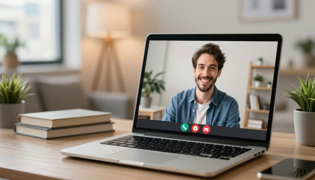 A digital scene depicting a trustworthy online relationship. In the foreground, a modern laptop displays a friendly video chat interface, with a smiling person dressed in casual professional attire, suggesting warmth and authenticity. In the middle ground, soft lighting creates a cozy atmosphere, with a comfortable home office setting featuring personal touches like books and plants, symbolizing a nurturing environment. The background includes a blurred cityscape visible through a window, reflecting the idea of connectivity and distance. The overall mood is positive and relatable, emphasizing trust and the essence of reliable digital connections. Soft, warm colors enhance a welcoming feel, inviting viewers to contemplate the nature of online relationships.