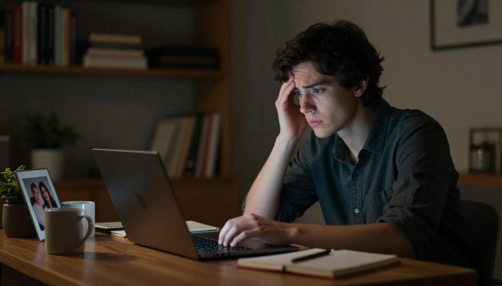 A dimly lit, intimate home office setting featuring a person sitting at a desk, engaging with a laptop. The focus is on the individual's expression, showing a mix of curiosity and concern, as they interact with someone on the screen. The foreground should include a cluttered desk with personal items like a coffee mug, notepad, and family photos suggesting a personal life. In the middle, the glowing screen of the laptop illuminates the person's face, adding a sense of intrigue and secrecy. The background includes softly blurred shelves filled with books, creating an atmosphere of introspection and emotional complexity. The overall mood is tense yet reflective, capturing the theme of online infidelity and emotional betrayal. Use soft lighting with a warm tone, evoking a contemplative feeling.