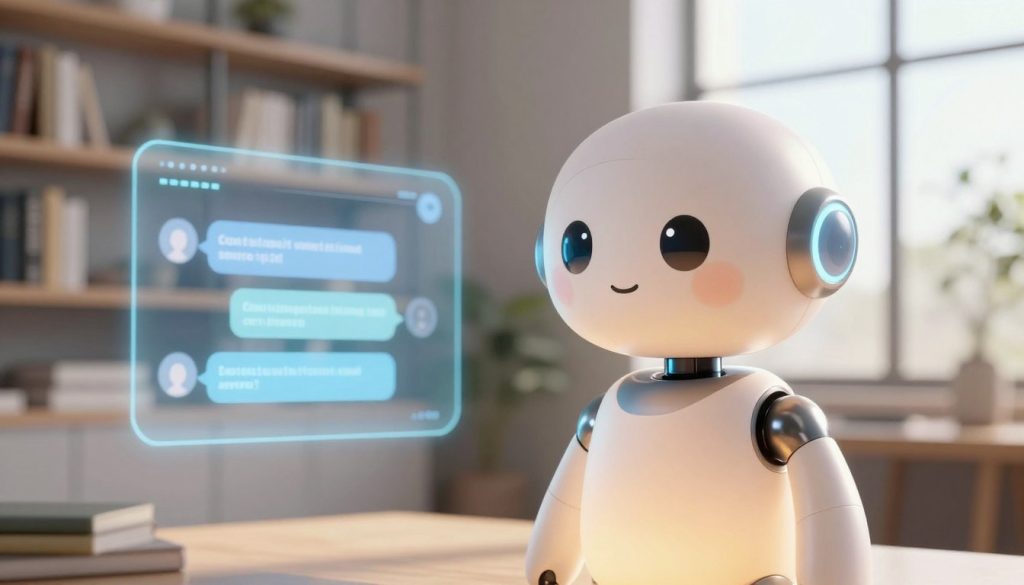 A friendly, futuristic chatbot designed as a glowing, humanoid figure with soft, rounded features. In the foreground, the chatbot has expressive, digital eyes conveying warmth and empathy, with gentle light reflecting off its smooth, metallic surface. In the middle ground, a serene setting with a modern, minimalistic room featuring a sleek digital interface displaying chat messages, creating a sense of connection. In the background, shelves filled with books on technology and relationships, softly lit by natural sunlight filtering through a large window, enhancing the atmosphere of comfort and companionship. The overall mood is inviting and contemplative, highlighting the balance between technology and emotional connection, with a focus on harmonizing innovation and human-like interaction.