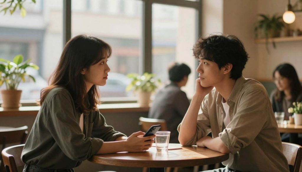 A serene and contemplative scene depicting the concept of "fiducia" (trust) in a relationship. In the foreground, a couple sits at a cozy café table, both dressed in smart casual attire, engaged in a heartfelt conversation. The man gently holds a smartphone while the woman gazes thoughtfully at him, symbolizing openness and communication. In the middle ground, warm light filters through large windows, casting a gentle glow on the couple, while soft, blurred background elements like potted plants and other café patrons enhance a sense of intimacy. The atmosphere is calm and reflective, with warm color tones that evoke feelings of trust and understanding. The scene captures the essence of navigating trust in a relationship without any digital distractions or invasions of privacy.