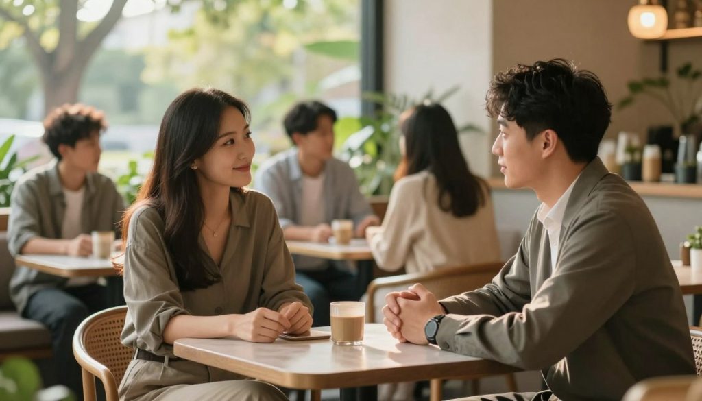 A serene and thoughtful scene depicting a modern couple engaged in a deep conversation about open marriage. In the foreground, a couple sits at a stylish café table, both wearing smart casual attire, displaying body language that suggests openness and understanding. The woman has a warm smile while the man listens attentively, reflecting a sense of trust. In the middle ground, other couples can be seen, each interacting in a relaxed atmosphere, highlighting various relationship dynamics. The background features lush greenery and soft sunlight filtering through trees, creating an inviting and peaceful ambiance. The lighting is warm and natural, adding a soft glow to the scene. The overall mood is contemplative and harmonious, illustrating the exploration of relationship concepts.