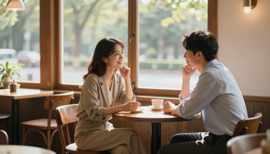 A serene café setting in the foreground, featuring two people seated at a small round table. One person, a woman in a stylish, modest business casual outfit, is smiling and animatedly sharing a story, while the other, a man in a smart casual shirt, listens attentively, an expression of understanding and warmth on his face. In the middle ground, soft sunlight filters through large windows, casting gentle shadows and illuminating the rich textures of the wooden furniture. The background reveals a soft blur of greenery outside, hinting at a peaceful park. The overall mood is one of calmness and nostalgia, capturing the essence of friendship blossoming after a relationship. Use a wide-angle lens to enhance the warmth and intimacy of the scene, with soft, natural lighting to evoke a comforting atmosphere.