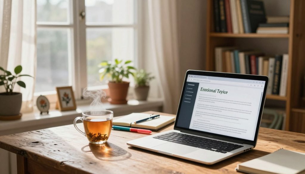 A serene, cozy workspace setting that embodies the charm of emotional blogging. In the foreground, a laptop is open with a glowing screen, displaying an inspiring blog post. To the side, a steaming cup of herbal tea sits on a rustic wooden table, with a notepad and colorful pens scattered nearby. In the middle ground, soft, natural light filters through a large window adorned with delicate curtains, casting gentle shadows. Potted plants and personal mementos add warmth and personality to the scene. In the background, a bookshelf filled with psychology and self-help books creates an inviting atmosphere. The overall mood is calm and reflective, evoking a sense of connection and trust, perfect for illustrating the allure of emotional advice online.