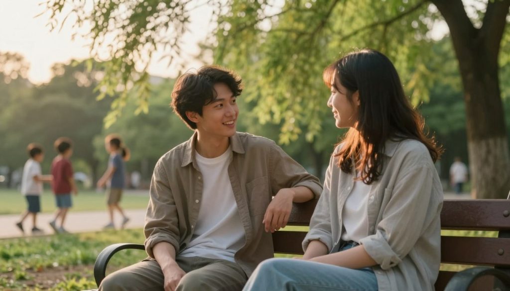 A serene outdoor scene depicting two friends, a man and a woman, sitting on a park bench under the soft golden glow of a late afternoon sun. The foreground focuses on the two individuals, both in casual, modest clothing, engaged in a heartfelt conversation, showing warmth and understanding in their expressions. In the background, vibrant green trees sway gently in the breeze, while a blurred view of kids playing nearby adds an element of joy and innocence. The lighting should be warm and inviting, creating a sense of calm and friendship. Capture this moment with a slight depth of field, ensuring the friends are in sharp focus while the background softly fades, enhancing the intimate atmosphere of the connection between them.