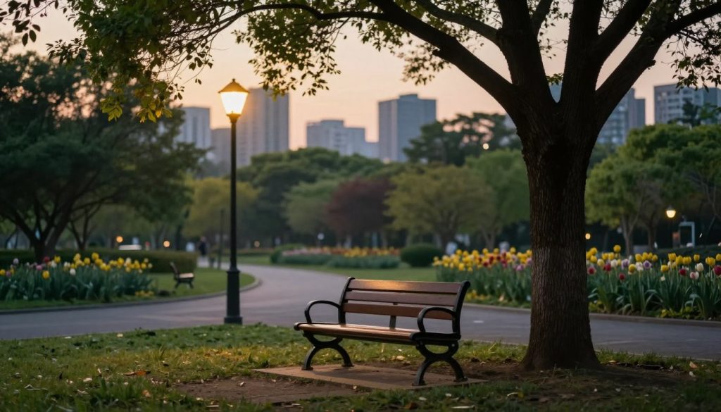 A serene park at dusk, where a single wooden bench under a large tree serves as the focal point in the foreground. A soft light from a nearby streetlamp casts a warm glow, illuminating the bench. In the middle ground, a gentle path meanders through the park, flanked by lush greenery and blooming flowers, suggesting new beginnings. The background features a blurred skyline of a city, symbolizing life moving forward. The atmosphere is contemplative yet hopeful, reflecting the emotions of transitioning from one stage of life to another. Capture this scene with a shallow depth of field to emphasize the bench, using soft golden hour lighting to enhance the serene mood.