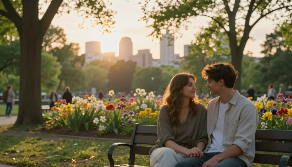 A serene park setting during golden hour, filled with soft, warm light spilling through the trees. In the foreground, a young couple sits on a bench, gazing into each other's eyes with expressions of wonder and joy, dressed in modest casual clothing. Their body language conveys a strong connection, symbolizing love at first sight. The middle ground showcases blooming flowers and vibrant greenery, complementing their intimate moment. In the background, a distant silhouette of a city skyline suggests life bustling beyond this peaceful oasis. The atmosphere is romantic and hopeful, capturing the essence of love that ignites in an instant. The scene is framed with a slight bokeh effect, emphasizing the couple while softly blurring the surroundings.