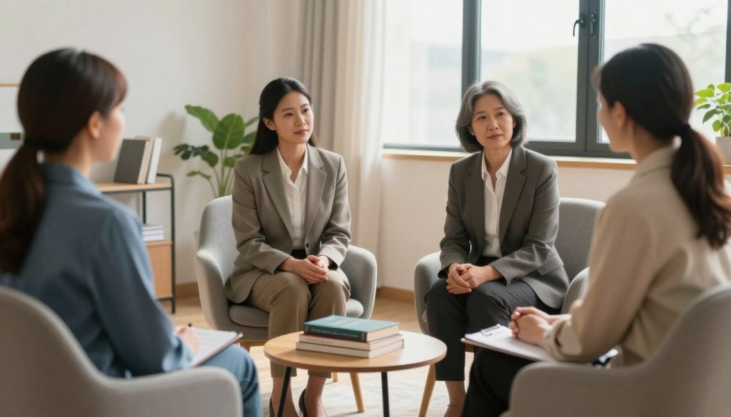 A serene scene depicting a professional therapist's office, filled with warmth and understanding. In the foreground, a diverse group of three adults, dressed in smart business attire, are engaged in a heartfelt conversation, embodying a sense of shared experience and support. The middle ground features a cozy armchair, a small coffee table with a few self-help books, and a plant that adds a touch of vitality. In the background, a large window allows soft, natural light to pour in, casting gentle shadows and illuminating the room with a calming glow. The atmosphere conveys a sense of empathy, healing, and growth, emphasizing the positive aspects of navigating life's challenges.