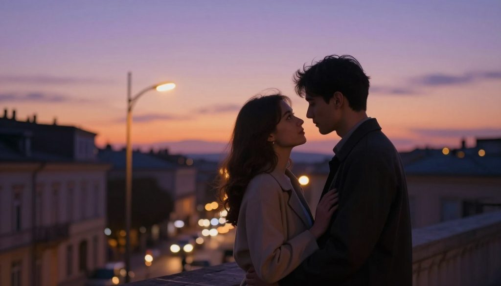 A serene urban setting during twilight, with a soft gradient of purples and oranges in the sky. In the foreground, a couple stands close together, their eyes locked in an electrifying gaze, both dressed in elegant casual attire. The warmth of their connection is palpable, symbolizing the sparks of "colpo fulmine." In the middle ground, the silhouettes of city buildings gently fade into the background, softly illuminated by street lamps that cast a warm glow around them. The atmosphere is infused with a sense of magic and intrigue, suggesting a deeply felt emotional moment. The scene is captured from a slightly elevated angle to emphasize the intimacy between the couple and their enchanting surroundings. Soft bokeh effects blur the background, focusing attention on the couple's expressing wonder and desire.