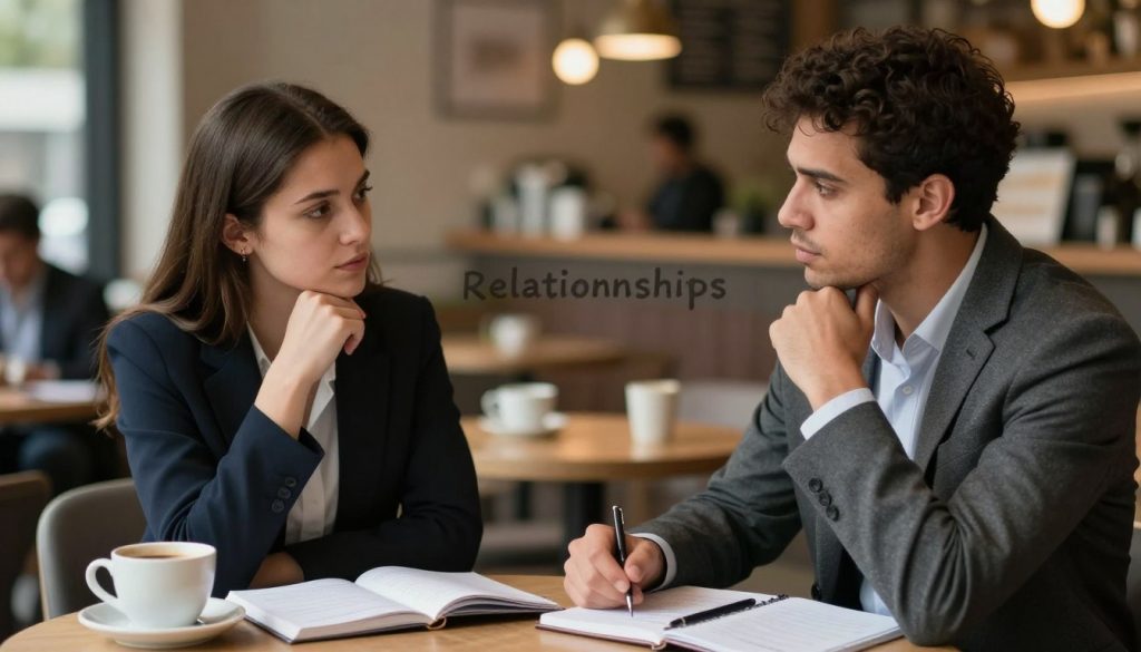 A serene yet thought-provoking scene depicting the concept of "relationships" in a nuanced light. Foreground: two diverse figures, a man and a woman, sitting at a café table, their expressions reflecting contemplation as they engage in a deep conversation. They are dressed in professional business attire, exuding an aura of seriousness and respect. Middle ground: a table scattered with coffee cups and open notebooks filled with notes, symbolizing the complexities of discussing private matters. Background: a softly blurred café ambiance with warm lighting, creating an intimate atmosphere. The overall mood should convey a blend of tension and understanding, inviting viewers to reflect on the implications of sharing private secrets after a breakup. Use a shallow depth of field to focus on the subjects, with a warm color palette illuminating the emotional weight of the conversation.