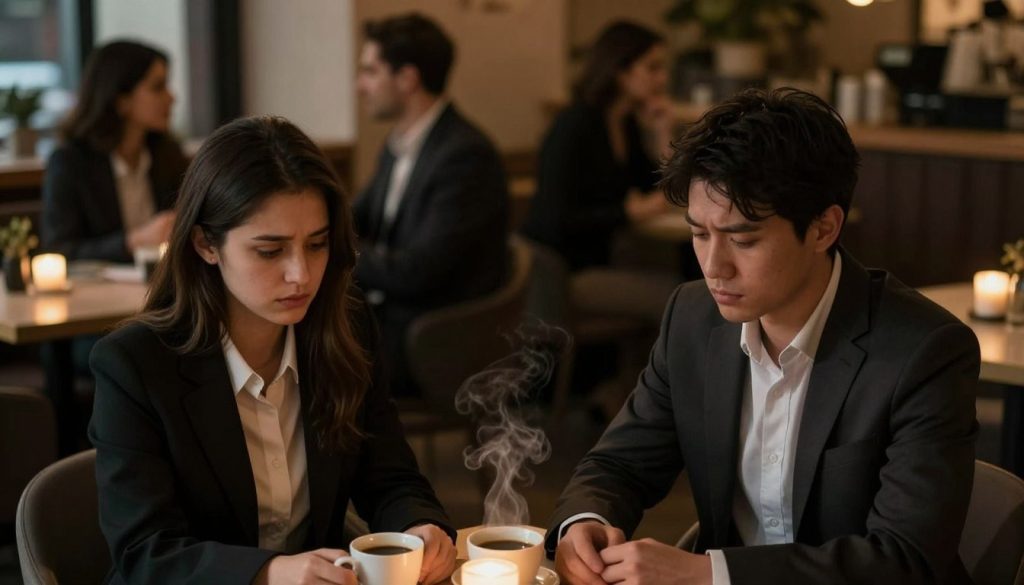 A somber, intimate scene depicting emotional betrayal within a couple. In the foreground, a man and woman sit at a table in a softly lit, cozy café, both dressed in professional business attire. The man appears distressed, his eyes downcast, while the woman looks away, lost in thought, hinting at emotional disconnect. In the middle ground, a dimly lit coffee cup steam rises between them, symbolizing the warmth fading from their relationship. The background features blurred silhouettes of other couples in conversation, contrasting the tension in the foreground. The overall mood is melancholic and reflective, using warm ambient lighting to convey intimacy yet evoke a sense of sadness, captured from a slight overhead angle to emphasize their isolation amidst others.