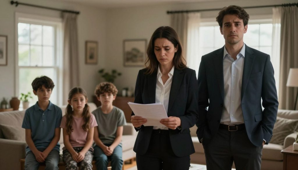 A somber scene depicting a family in the process of separation. In the foreground, a man and woman, both in professional business attire, stand apart, visibly distressed. The woman gazes down, holding a document, while the man looks away, hands in pockets, conveying a sense of resignation. In the middle ground, children observe the scene, their expressions a mix of confusion and sadness, emphasizing the emotional weight of the moment. The background reveals a cozy family home, but with light streaming through a window, highlighting the disconnect between the space and the emotions within. Use warm but muted lighting to enhance the melancholic atmosphere, capturing the gravity of the situation without overt dramatic elements. The image should evoke feelings of loss and reflection.