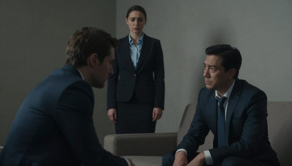 A somber scene depicting emotional betrayal between two figures in a dimly lit room. In the foreground, an adult man in a professional suit sits on a couch, his face turned away, showing deep sorrow and introspection. In the middle, a woman in modest business attire stands nearby, her expression a mix of concern and anguish, as she gazes at the man. The background features muted colors, shadowy walls, and faint reflections, evoking a sense of despair and tension. The lighting is soft and diffused, casting gentle shadows that enhance the emotional weight of the moment. The overall atmosphere is heavy, encapsulating the pain of emotional betrayal within a couple.