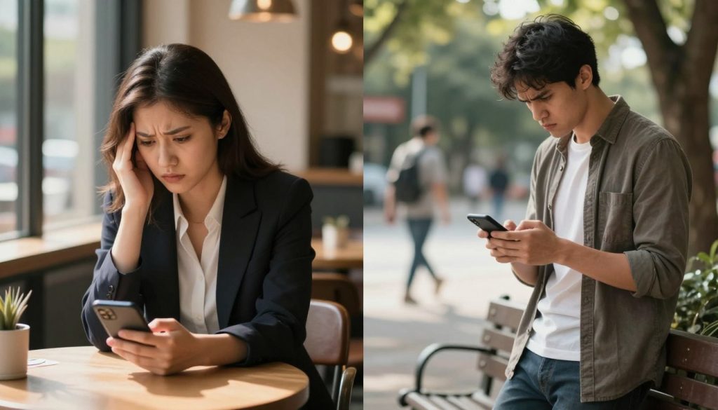 A split image illustrating two contrasting emotions after a breakup. On the left, a woman in professional attire sits at a cafe table, looking contemplative and frustrated, her phone displaying social media notifications. Sunlight filters through the window, casting gentle shadows. On the right, a man in casual clothing stands by a park bench, holding his phone, expressing anger and determination, with a blurred background of people walking by. Soft, warm lighting creates an introspective mood, highlighting themes of control and emotional struggle. The scene captures a moment of reflection and the urge to share personal stories while maintaining an atmosphere of privacy and introspection.