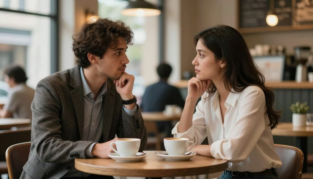 A thoughtful couple seated at a small table in a cozy café, engaged in an intimate conversation. The foreground features two coffee cups on the table, with their hands gently touching, conveying connection and vulnerability. In the middle, the couple—a man in a tailored blazer and a woman in a smart blouse—looks into each other’s eyes, displaying a range of emotions from curiosity to contemplation. The background reveals a softly blurred café scene, with warm lighting spilling in through large windows, creating a welcoming atmosphere. The image should have a shallow depth of field, focusing on the couple while giving a sense of the bustling yet intimate environment around them, evoking a blend of warmth and introspection.