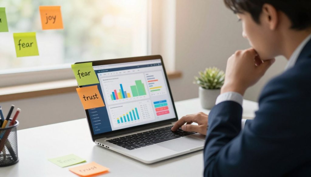 A thoughtful scene depicting a person seated at a modern desk, focused on their laptop, surrounded by colorful post-it notes displaying emotional keywords like "joy," "fear," and "trust." In the foreground, the individual, dressed in professional business attire, is depicted with a contemplative expression, hand on chin, as they evaluate options on the screen. The middle layer shows the laptop screen illuminated, displaying a vibrant online interface with charts and decision-making tools. In the background, a window allows natural light to enter, casting a warm, inviting glow over the workspace, creating a blend of creativity and introspection. The overall mood should feel engaging and reflective, capturing the essence of how emotions layer into digital decision-making.