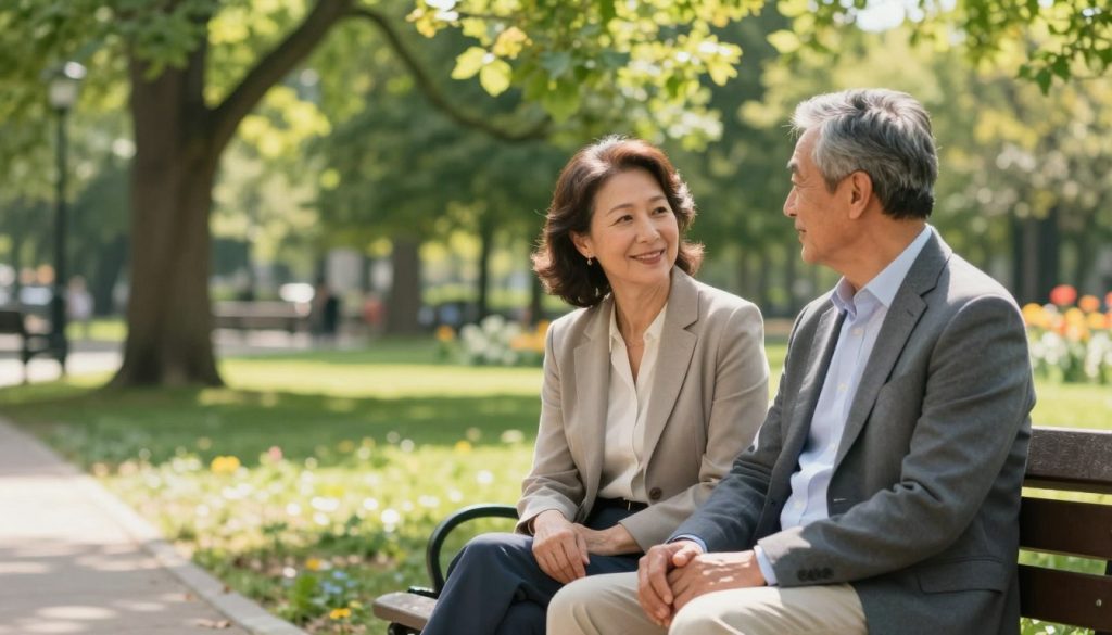 A thoughtful scene illustrating the concept of enduring relationships featuring a mature couple in a warm, inviting park setting. In the foreground, depict a woman in her 50s and a man in his 40s, both dressed in professional attire, sitting on a park bench. They are engaged in a deep conversation, conveying mutual respect and love, smiles on their faces, and a sense of connection between them. In the middle ground, add lush green trees and blooming flowers, symbolizing growth and vitality. The background should feature a softly lit path, suggesting a journey together, with dappled sunlight filtering through the leaves. The mood is serene and reflective, evoking feelings of stability and joy in their relationship. Use a shallow depth of field to focus on the couple while slightly blurring the background for emphasis.