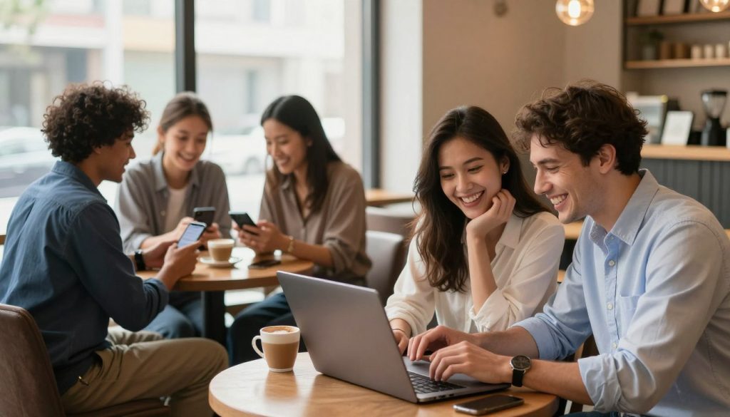 A vibrant scene depicting a diverse group of individuals in a warm, inviting coffee shop, engaging in animated conversations and laughter, symbolizing online dating. In the foreground, two people, one woman in smart casual attire and one man in a business shirt, are leaning over a laptop, sharing a moment of joy as they browse profiles. In the middle ground, a small group of friends sits at a cozy table, their phones in hand, connecting with others online. The background features a large window with soft, natural light streaming in, illuminating the space and creating a cheerful atmosphere. Use a wide-angle lens to capture both intimate details and the bustling environment, evoking feelings of connection and modern relationships.
