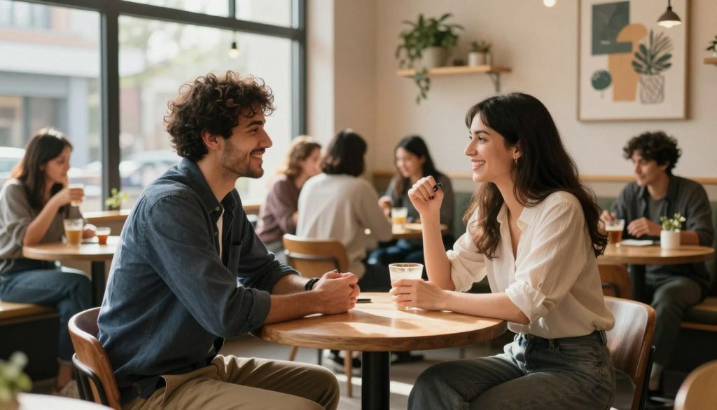 A vibrant scene depicting two friends of the opposite sex engaging in a lighthearted conversation in a cozy café setting. In the foreground, a man and a woman are sitting at a small round table, both dressed in smart casual attire with warm smiles, conveying a sense of camaraderie. The middle ground features various other patrons enjoying their drinks, creating a lively yet relaxed atmosphere. Soft, natural lighting filters through the café's large windows, casting gentle shadows and highlighting the warmth of the wooden décor. In the background, decorative plants and art pieces bring a modern touch to the space. The mood is friendly and inviting, emphasizing the importance of platonic relationships in today's world.